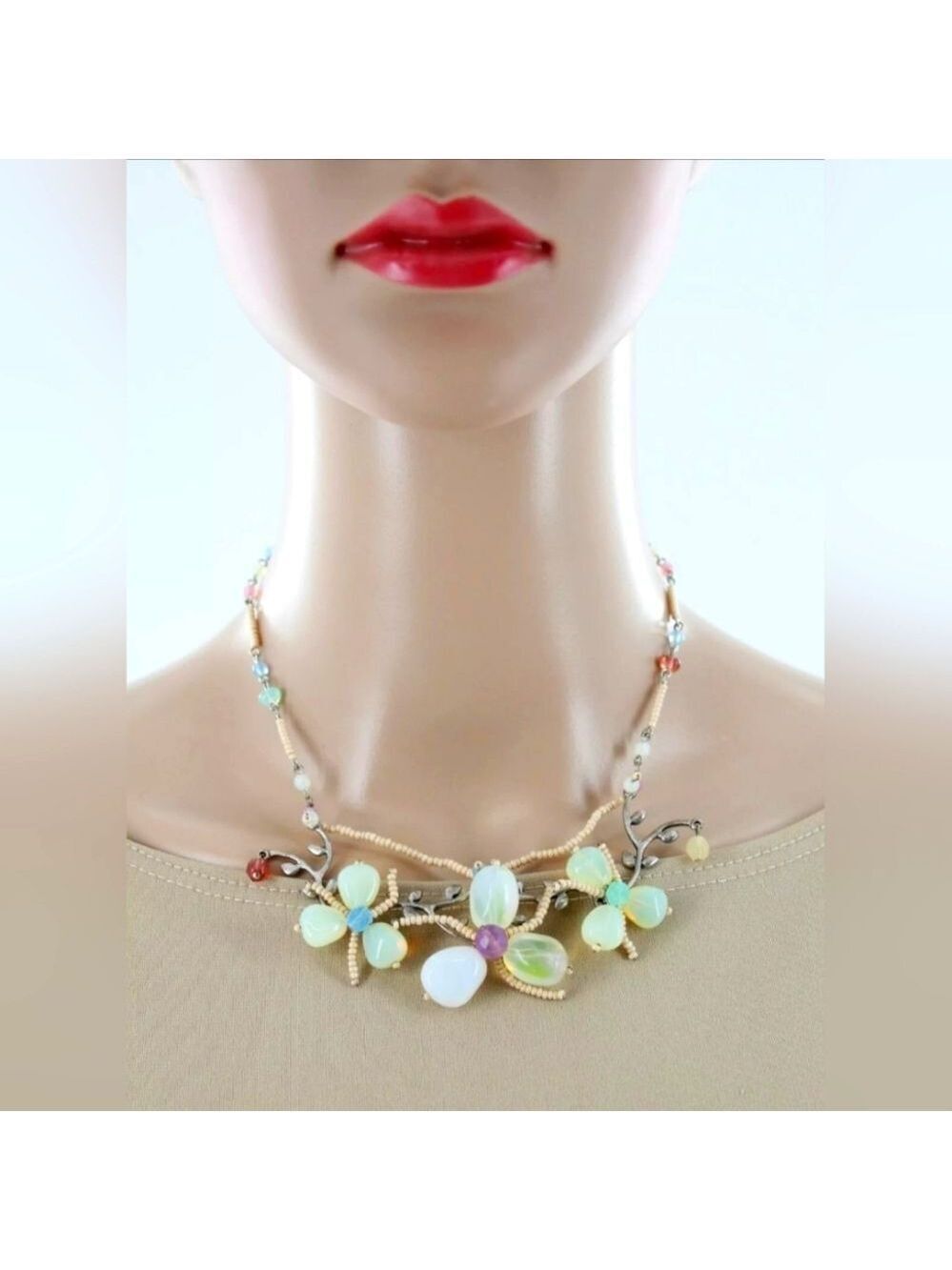 Vintage Czech Bead Bohemian Glass Flower Necklace NWOT 14"+3"